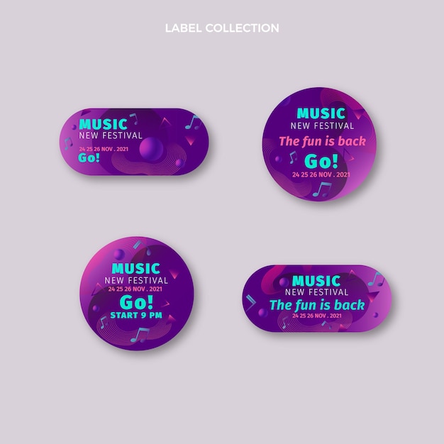 Verzameling van kleurrijke muziekfestivallabels met kleurovergang Premium Vector