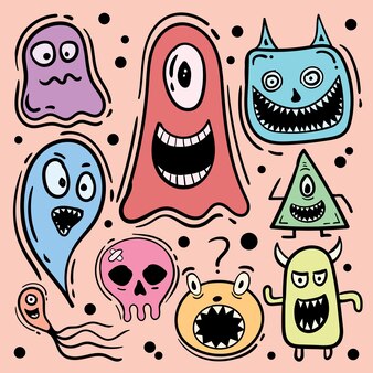 Verzameling van kleurrijke schattige monster doodles handgetekende illustraties premium vector
