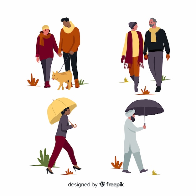 Gratis vector verzameling van mensen lopen in de herfst