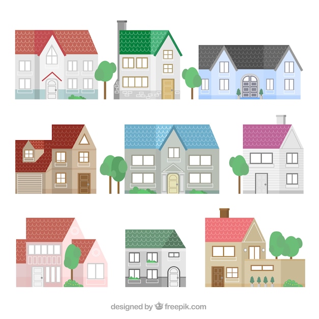 Gratis vector verzameling van negen huizen in plat design