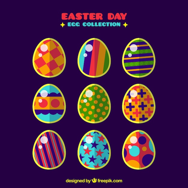 Verzameling van negen kleurrijke eieren voor pasen dag