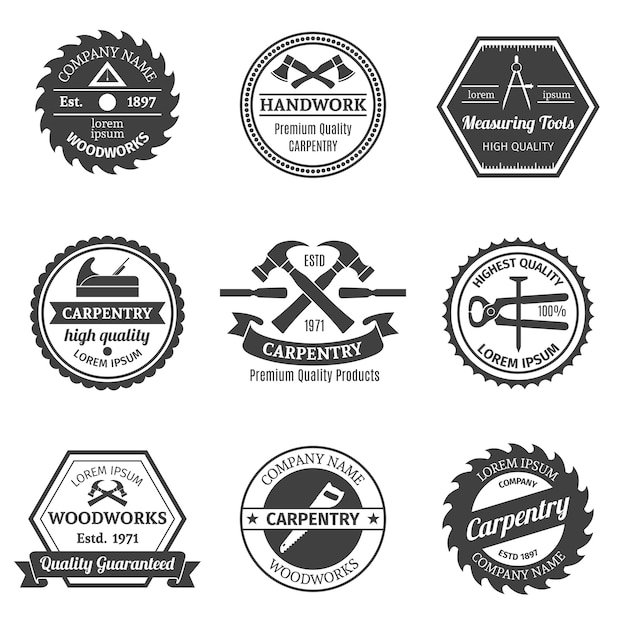 Gratis vector verzameling van negen timmerwerk badges