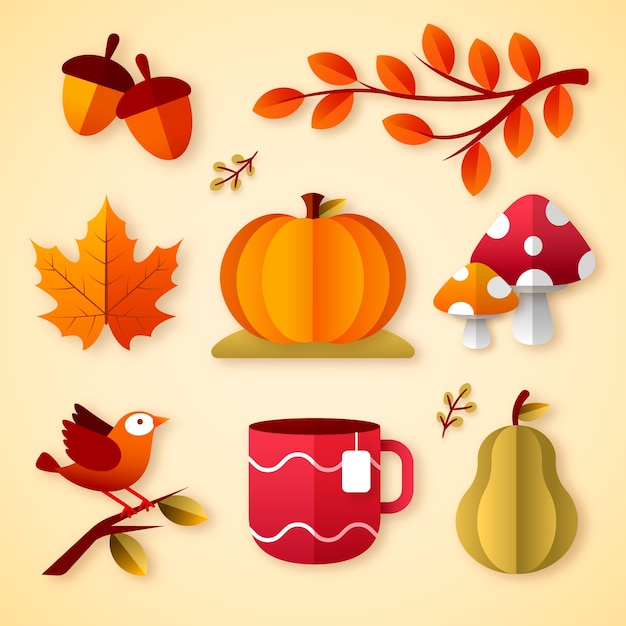 Gratis vector verzameling van papierstijlelementen voor de viering van het herfstseizoen