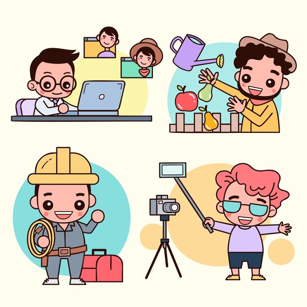 Verzameling van personages uit verschillende beroepen jonge man aan het werk in arts boer elektricien fotograaf en blogger beroepen in cartoon stijl hand getrokken vectorillustraties ontwerp