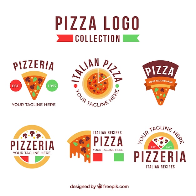 Gratis vector verzameling van pizza-logo's in vlakke vormgeving