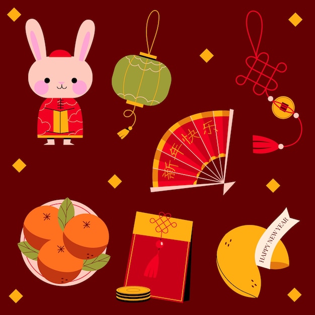 Gratis vector verzameling van platte designelementen voor chinees nieuwjaarsfestival