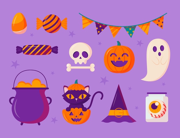 Gratis vector verzameling van platte halloween-elementen