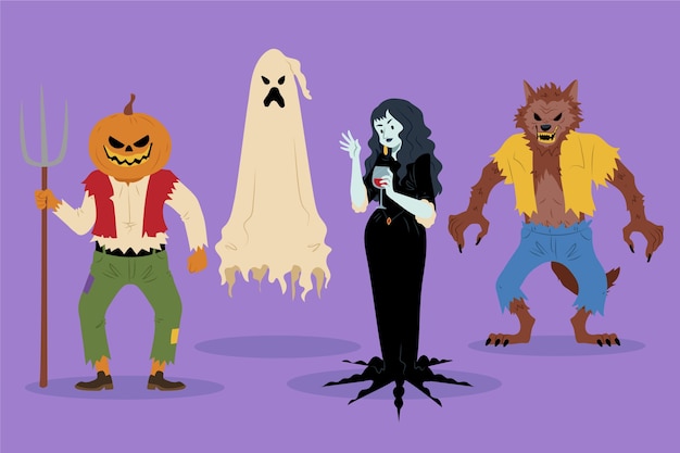 Gratis vector verzameling van platte halloween-karakterelementen