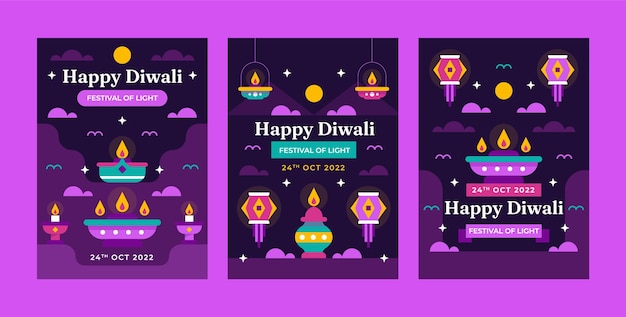 Gratis vector verzameling van platte kaarten voor diwali-festivalviering