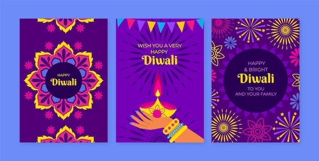 Gratis vector verzameling van platte kaarten voor diwali-viering