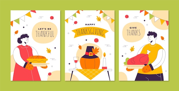 Gratis vector verzameling van platte kaarten voor thanksgiving-viering