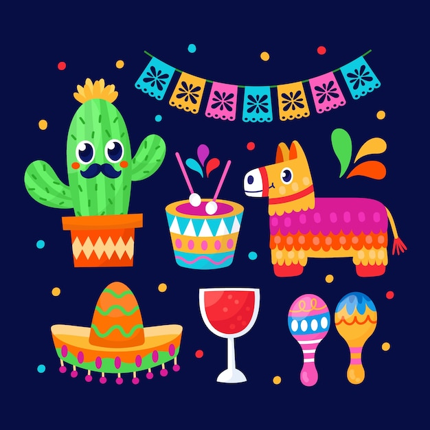 Verzameling van platte ontwerpelementen voor de viering van Cinco de Mayo