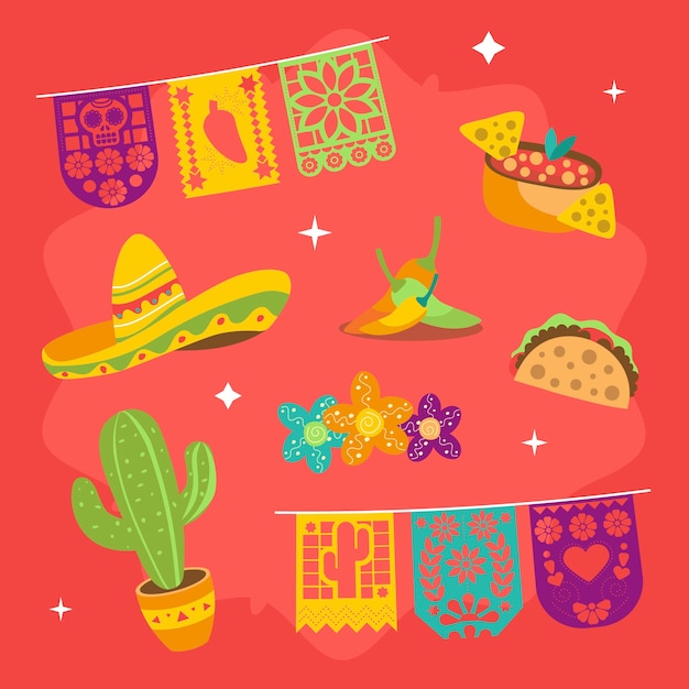 Gratis vector verzameling van platte ontwerpelementen voor de viering van cinco de mayo