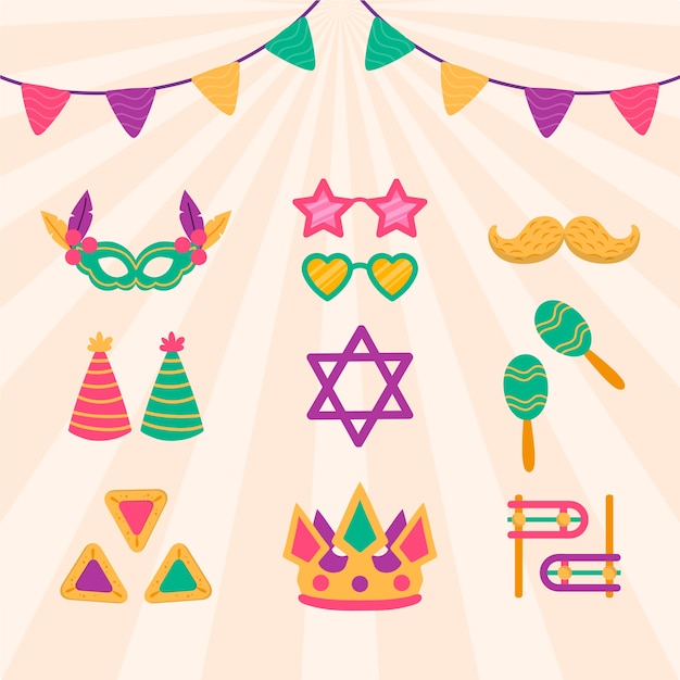 Gratis vector verzameling van platte purim-elementen