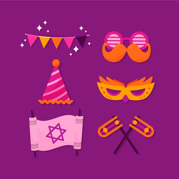 Gratis vector verzameling van platte purim-elementen