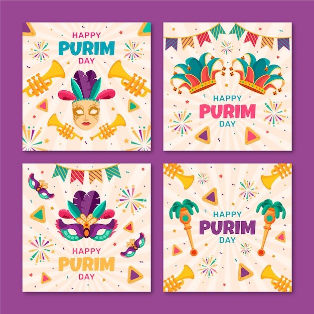 Gratis vector verzameling van platte purim instagram-berichten