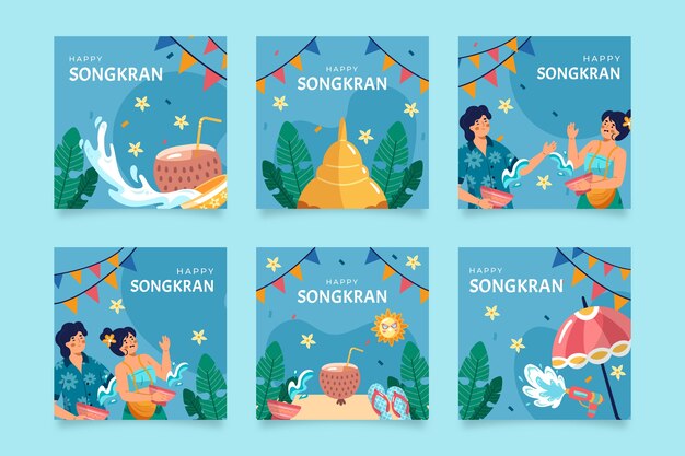 Gratis vector verzameling van platte songkran instagram-berichten