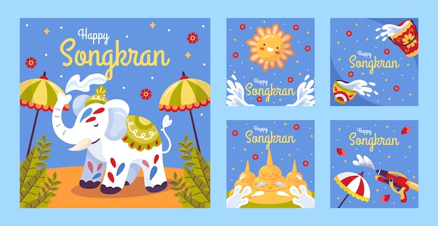 Verzameling van platte songkran instagram-berichten