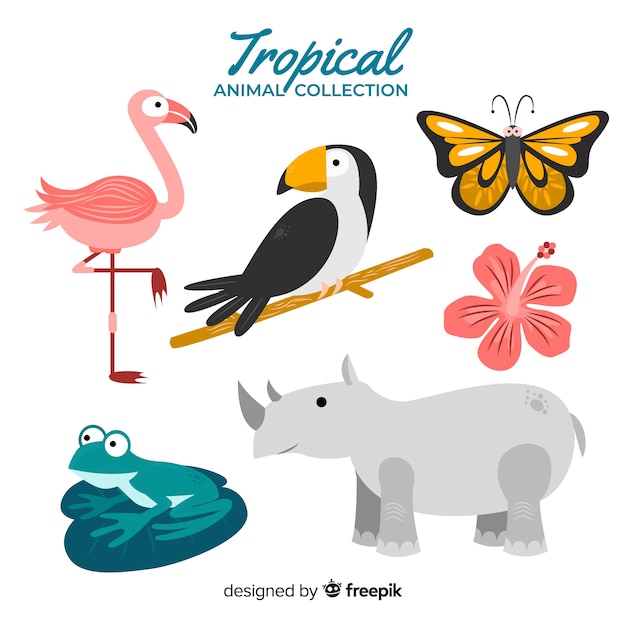 Gratis vector verzameling van platte tropische dieren