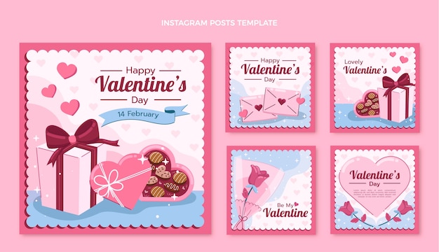 Gratis vector verzameling van platte valentijnsdag instagram-berichten