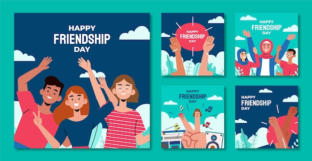 Gratis vector verzameling van platte vriendschapsdag instagram-berichten