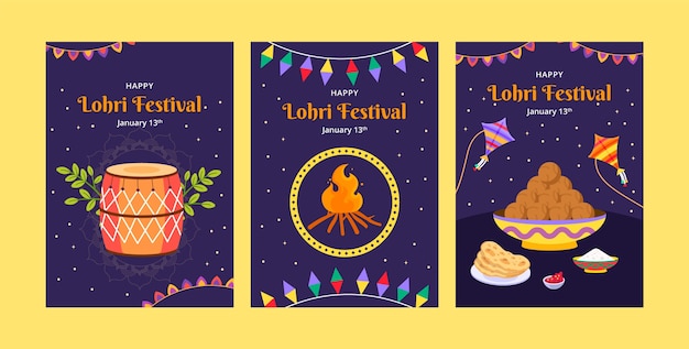 Gratis vector verzameling van platte wenskaarten voor de viering van het lohri-festival