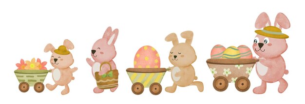 Verzameling van schattig konijn en eieren grappig konijntje in verschillende stijlen van stripfiguren voor grafisch ontwerper Happy Easter-wenskaart Vectorillustratie