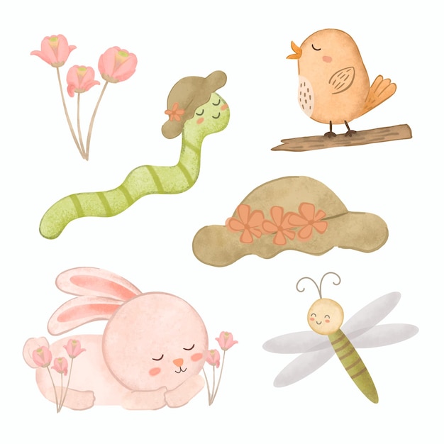 Verzameling van schattig object of element voor de lente met vogel konijn worm dragonfly sombrero en bloem in cartoon tekening aquarel op witte achtergrond vectorillustratie