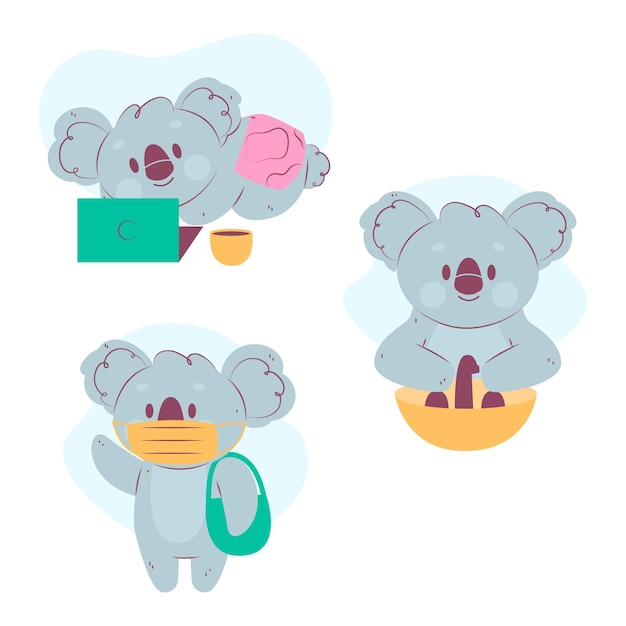 Gratis vector verzameling van schattige koala's in coronavirus-tijden