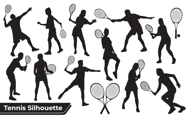 Verzameling van silhouetten van vrouwelijke tennisspelers in verschillende poses
