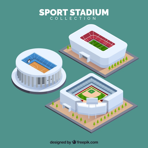 Gratis vector verzameling van sportstadions in isometrische stijl