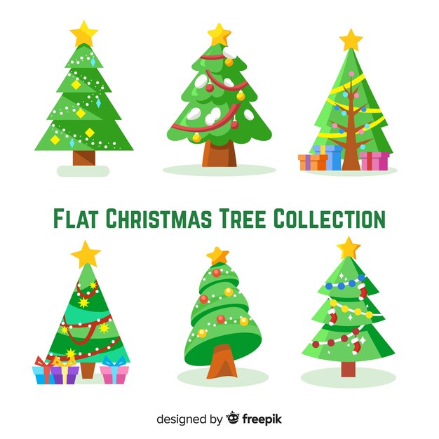 Verzameling van verschillende kerstbomen in vlakke stijl