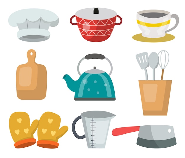 Gratis vector verzameling van verschillende objecten in de keuken voor grafisch ontwerper met pot, waterkoker, mes en keukengerei in stripfiguur, platte vectorillustratie