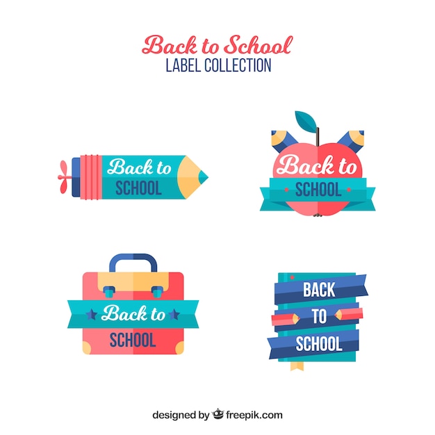 Gratis vector verzameling van vier badges van rug naar school