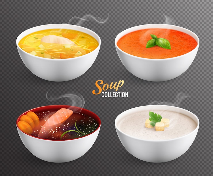 Gratis Vector verzameling van vier kommen met hete soep en soep puree met groen beschuiten en decoraties geïsoleerd