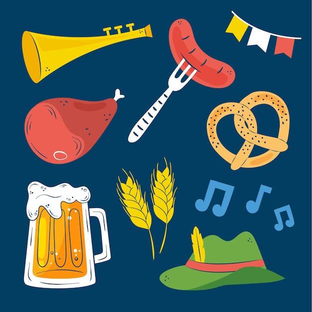 Gratis vector verzameling van vlakke elementen voor de oktoberfest-viering van het bierfestival