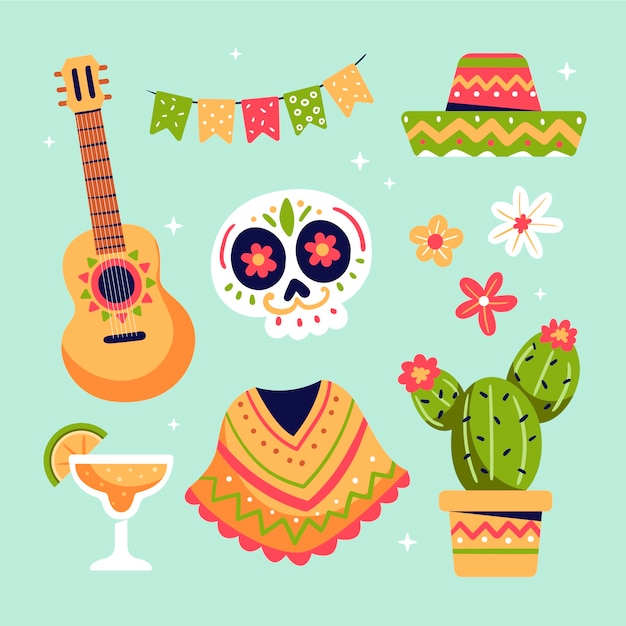 Gratis vector verzameling van vlakke elementen voor de viering van cinco de mayo