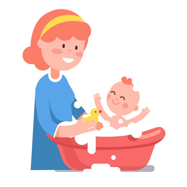 Verzorgende lachende moeder die haar baby kind wast