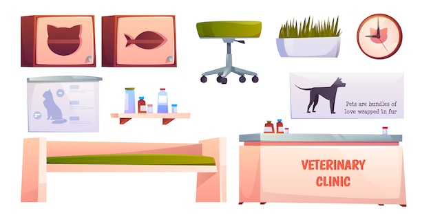 Gratis vector veterinaire dierenarts kliniek meubels en spullen geïsoleerd