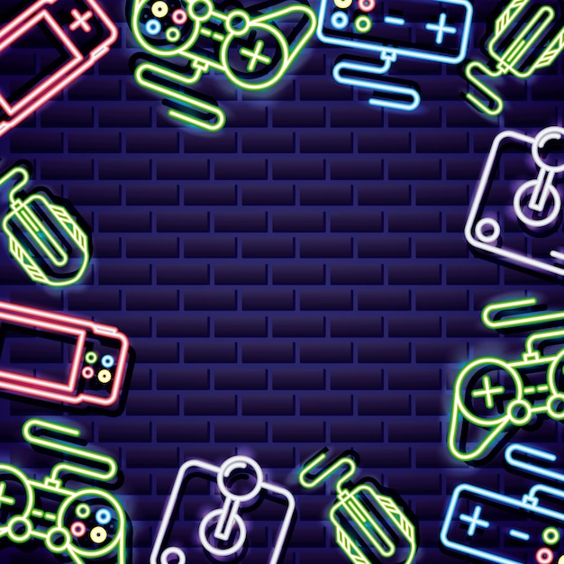 videogame regelt frame op neonstijl op bakstenen muur