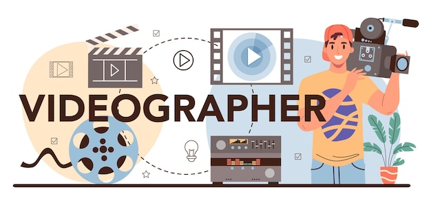 Gratis vector videograaf typografische header videoproductie filmen en bewerken cameraman of motion designer visuele inhoud maken voor media met speciale apparatuur platte vectorillustratie