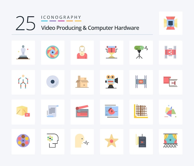 Videoproductie en computerhardware 25 flat color icon pack inclusief regisseursstoel filmdame karakter