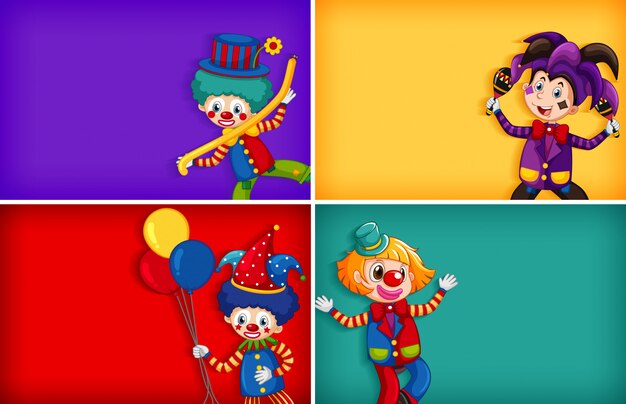 Vier achtergrond sjabloonontwerpen met grappige clown