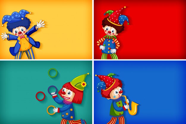 Vier achtergrond sjabloonontwerpen met grappige clowns