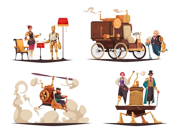 Vier cartoon composities met steampunk karakters en oldtimers geïsoleerd op witte afbeelding