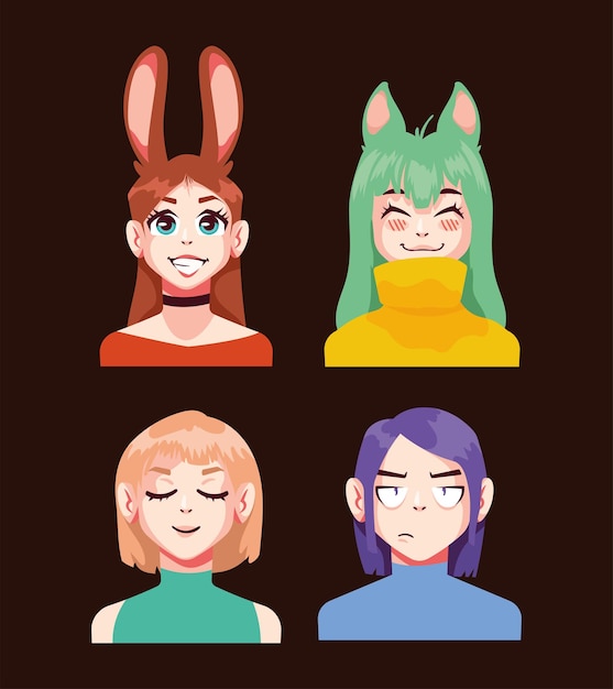 Gratis vector vier karakters in anime-stijl