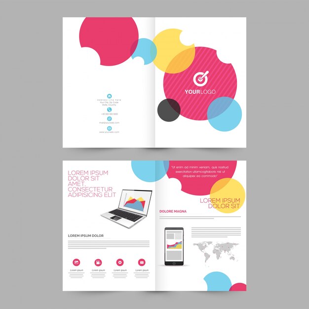 Vier pagina&#39;s Brochure, Sjabloon ontwerp met illustratie van laptop en smartphone voor Business concept.