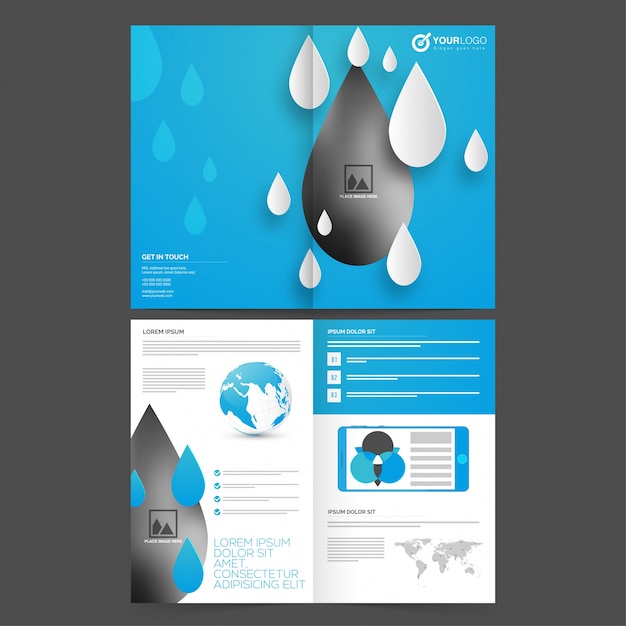 Vier pagina's, business brochure met witte en luchtblauwe druppels, creative corporate template design met infografische elementen en ruimte voor afbeeldingen.