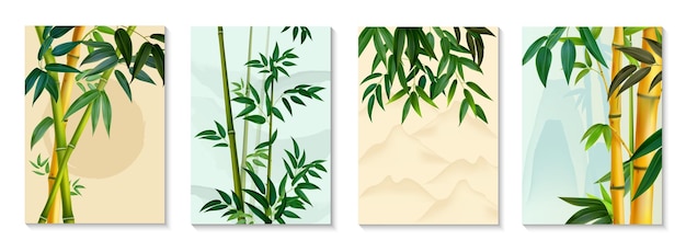 Gratis vector vier realistische verticale bamboeposters met groene bladeren en takken geïsoleerde vectorillustratie