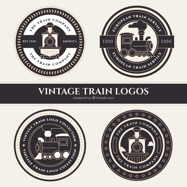 Gratis vector vier ronde treinlogo's in vintage stijl